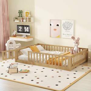 Letto <span class=keywords><strong>Montessori</strong></span> a terra a grandezza naturale con recinzione e porta, letto per bambini in legno massello - Product Image 3