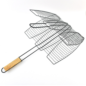Wholesale Folding Grilling Basket Portable <b>BBQ</b> Cooking Accessories Non-stick Wire Mesh Grill Fish Clip with Wooden Handle - Product Image 1