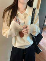 Pull tricoté à manches longues et col boutonné, style preppy, coupe droite, anti-plis, mode automne élégante et de niche