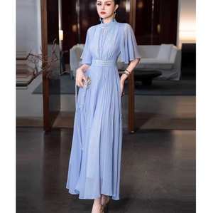 Abito lungo in Chiffon fatto a mano nuovo 2025 personalizzato abito blu chiaro in tinta unita abiti da sera piegati per musulmani - Product Image 3