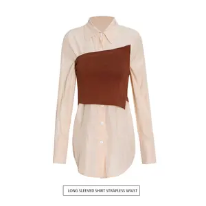 OUDINA French British Style Tube Top Patchwork Shirt New Fashion Lapel Single Breasted Women Shirts Blouses And Tops