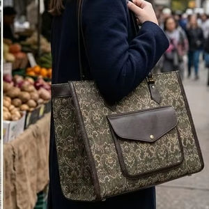 Vintage Aged Bronze/Gold Tote Bag Set — 2pcs Women's Shoulder Bag with Front Pocket & Matching Pouch - Product Image 2