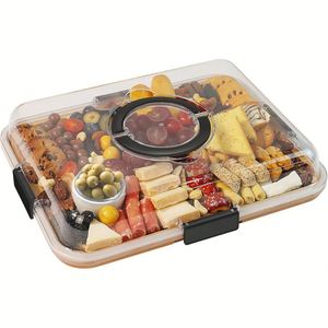 Planche à charcuterie en bambou approuvée par la FDA avec couvercle transparent, plateau à fromage à 6 compartiments, plateau de service pour pique-nique et fête - Product Image 1