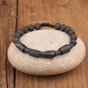 हस्तनिर्मित समायोज्य महिलाओं के फैशन ब्रेसलेट 8 मिमी प्राकृतिक काला टूर्मैरीन चिप काले लावा पत्थर के बीड - Product Image 3