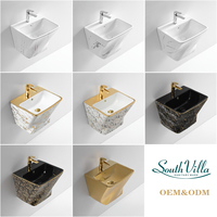 Ensemble WC mural doré en céramique, lavabo mural rectangulaire moderne, sanitaires de salle de bain plaqués or