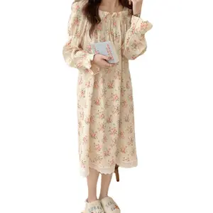 South Korea chic Women's Spring new floral long-sleeved nightdress loose home wear women's lace stitching dress fashion