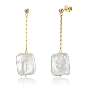 RINNTIN-pendientes de plata de ley 925 con perlas colgantes, pendientes colgantes largos con borlas chapadas en oro y perlas barrocas de agua dulce, modelo GPE05