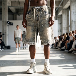 Shorts en jean cargo déchirés streetwear, style designer, personnalisés, Y2K, baggy, en denim, pour hommes, avec strass - Product Image 5