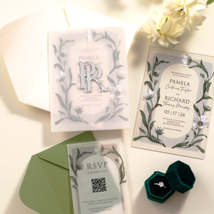 Carta di invito di nozze in acrilico trasparente con foglia verde elegante personalizzata ed elegante con nome d'argento Set di invito moderno - Product Image 1