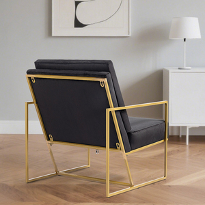 Poltrona in Velluto <span class=keywords><strong>Nero</strong></span> con Struttura in Metallo Dorato, Sedia Moderna per Soggiorno, Poltrona Singola da Salotto, Sedia Relax - Product Image 3