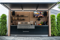 Cuisine extérieure moderne en acier inoxydable 304, armoire pour barbecue avec réfrigérateur intégré et support TV
