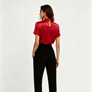 Blus Satin Kerah Keyhole Lengan Pendek Wanita Elegan Kantor Warna Solid Kemeja Merek Butik Sehe Fashion - Product Image 5
