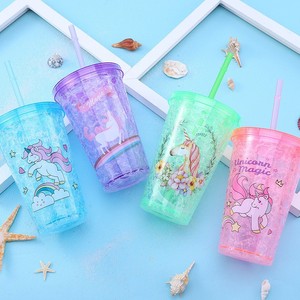 Unicorn Double Layer Plastic <b>Straw</b> <b>Cup</b> Mixed Color Cartoon Design Party Drinkware With <b>Lid</b> <b>And</b> <b>Straw</b> Portable Water <b>Cup</b> - Product Image 1