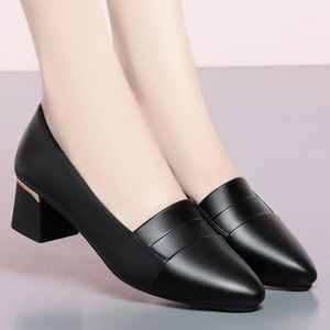 Factory Wholesale Black Leather Pumps - Pointed Toe Block Heel Office Daily Women's Shoes - Product Image 1