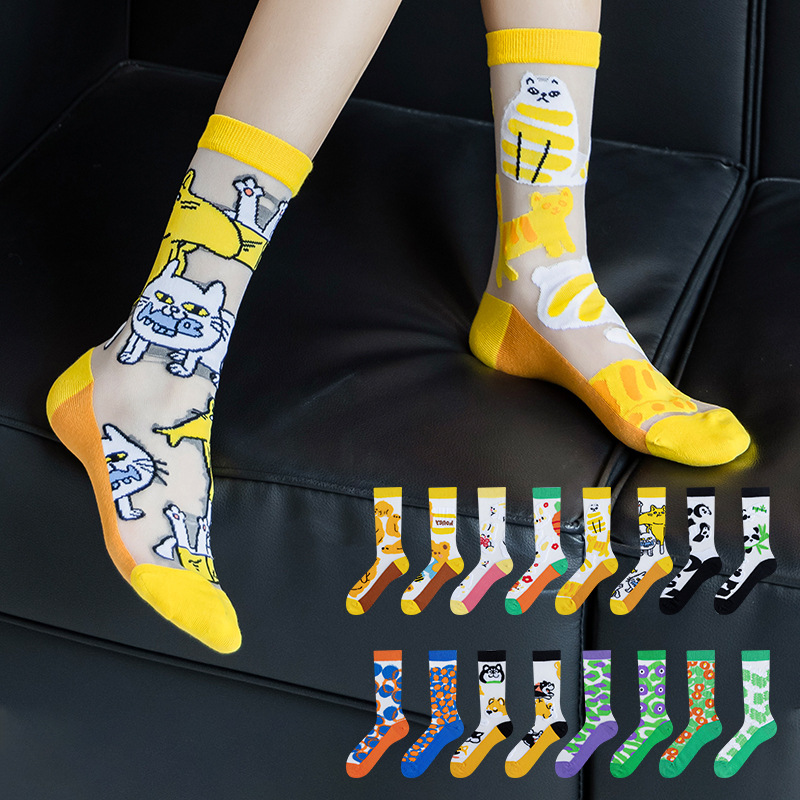 Factory Custom Novelty Ab Fashion Couple Glass Socks Jacquard Crew Cartoon Socks