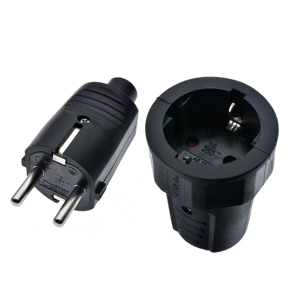 Black PVC 16A 250V EU power cord male female wiring plug detachable assembly electric plug socket for German Korea Russia