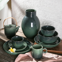 Rétro Royal Brillant Vert Réactif Émaillé Vintage Plats En Céramique De Luxe Assiettes Service De Dîner Ensembles De Vaisselle En Porcelaine pour 12 Personnes