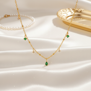Wholesale Elegant Stainless Steel Emerald WaterDrop Charm Necklace Sweatproof Green <strong>Gems</strong> Sweater Chain for Women Party <strong>Jewelry</strong> - Product Image 1
