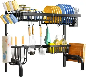 Adjustable 2 Tier Metal Steel Dish Drying Racks for Kitchen Counter with Hooks Paper Towel Utensil Cup Holder Sink Caddy