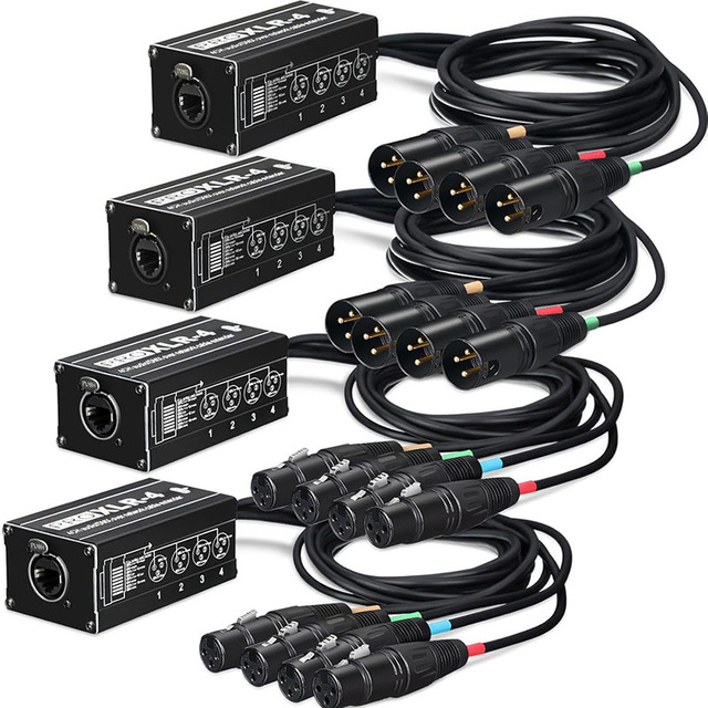 RJ45 XLR Ethercon Splitter Box DMX Audio Signal Extender 4-Channel 3-Pin Male/Female XLR Plugs PVC Jacket for Microphone/Speaker