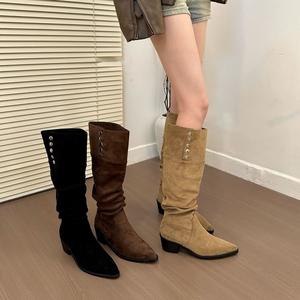 Women's Fashionable Versatile Stylish Spring Fall Slip On Chunky Heel Knee High Boots 2026 New Arrival <b>Pointed</b> <b>Toe</b> Boots - Product Image 1