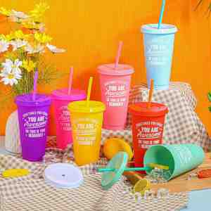 Gobelet isotherme de 24 oz avec couvercle et paille, tasses en plastique réutilisables multicolores pour café glacé, jus, fêtes, voyages, maison, bureau - Product Image 4
