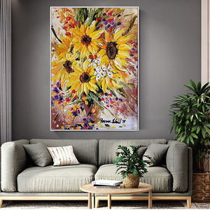 Peinture à l'huile texturée tournesol, peinte à la main, cadre en métal, style impressionnisme, pour décoration murale de salon - Product Image 2