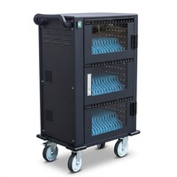 Armoire de charge rapide USB électrique noire à 3 niveaux et 48 baies avec porte en verre pour le rangement et la charge d'ordinateurs portables et de tablettes, chariot de charge