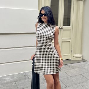 Elegante Vestido Tipo Jersey a Cuadros para el Traslado Diario, Diseño sin Mangas con Corte en A y Cintura Ajustada, Minivestido Gracioso - Product Image 4