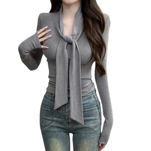 Women's Tie-Neck Long Sleeve T-Shirt Slim Fit Solid Color Soft Knit Top Burgundy For Layering - Product Image 5