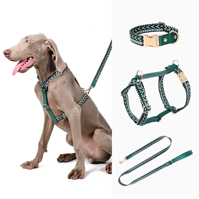 Loudik Wholesale Stock Big XXL Dog Harness and Leash Set Manufactures Luxury Vegan Leather Plaid Webbing Large Pet Collar Leads