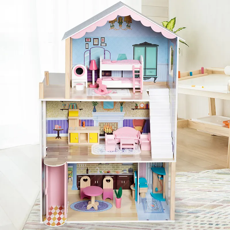Nuovo arrivo Villa bambini casa delle bambole in legno con ascensore, Set completo di mobili in legno, per bambini gioco di ruolo giocattolo