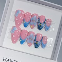 Set Kuku Almond Press On Buatan Tangan Gradasi Pink Biru Bunga 3D Berhias Rhinestone 10 Pcs Tema Lautan Kuku Almond Press On