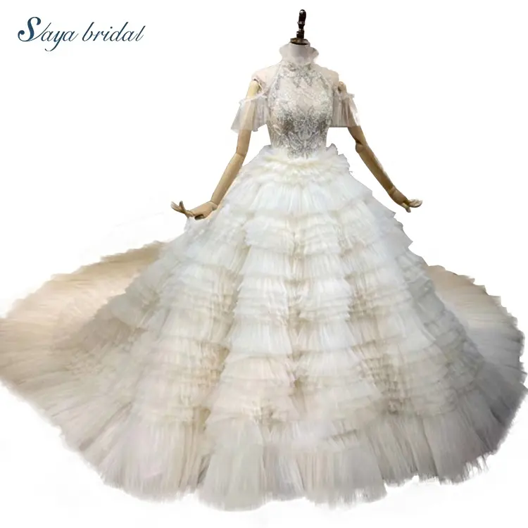 Vestido de noiva longo, vestido de noiva de tecido laço e branco com gola alta