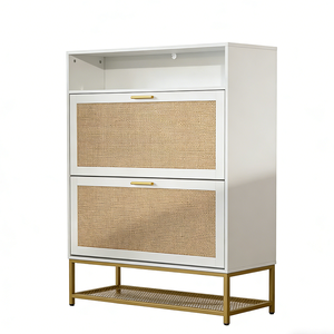 Meuble de rangement à chaussures moderne en rotin blanc avec 2 tiroirs rabattables pour salon, couloir, organisateur de rangement pour chaussures en bois - Product Image 4