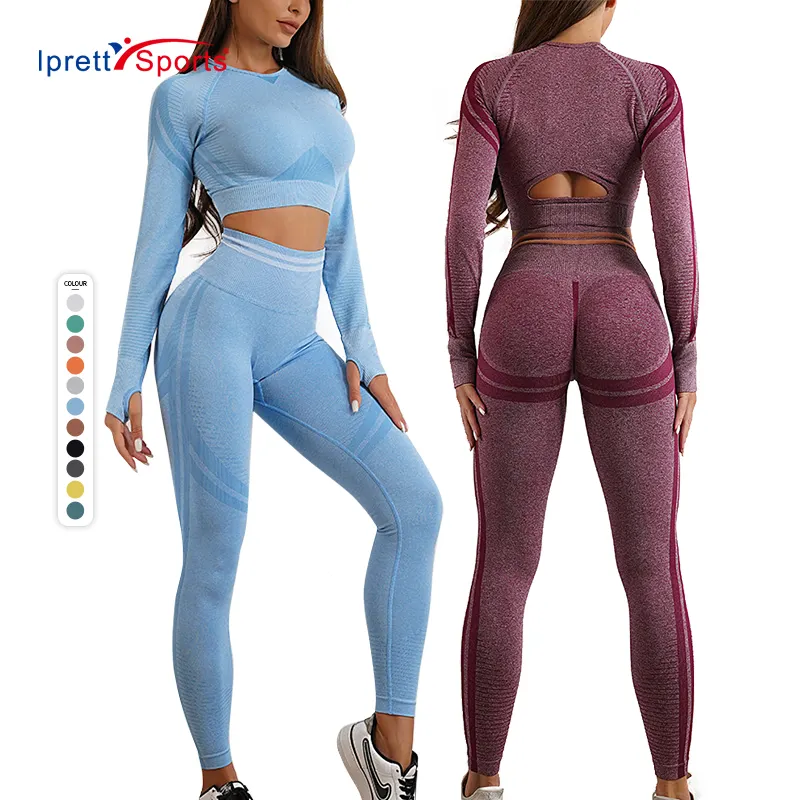 Women Seamless Tracksuits Sexy Long Sleeve Crop Top T Shirts With Tummy Control Scrunch Butt Gym Leggings Yoga Sets
