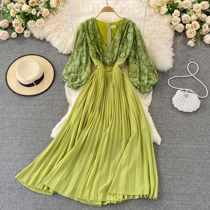 LY2217 New 2023 Korean Chic Sweet Lace Patchwork V Neck Long Sleeve Pleated Dress Women Long Dresses Clothing 2