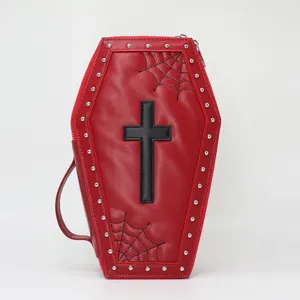 2023 Pu Leder Custom Coffin Shaped Kosmetik etui mit Spinnennetz für Frauen Handtasche Gothic Geldbörse Herstellung Puppen tasche
