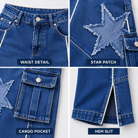 Jean en denim taille haute personnalisé pour femme, avec franges, patchwork étoile, poches cargo et coupe large pour tenue quotidienne