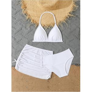 Ensemble de bikini 3 pièces pour filles, haut de bikini triangle à bretelles, taille haute avec jupe de plage, maillot de bain extensible en spandex et polyester - Product Image 3