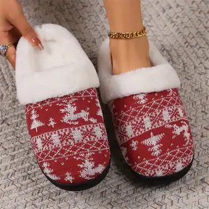 봉제 슬라이드 따뜻한 푹신한 슬립 하우스 신발에 크리스마스 여성 아치 지원 퍼지 니트 슬리퍼