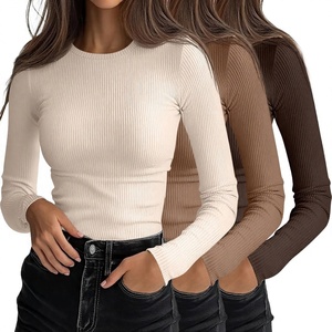 Camiseta de Manga Larga Acanalada para Mujer, Cuello Redondo, Tejido Sólido Elástico, Uso Diario Informal, Precio al por Mayor, OEM, Barata 2026 - Product Image 3