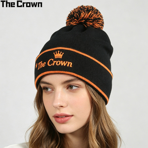 Custom Logo Chunky Knit Beanie Wholesale Bulk Speckled Pom-Pom Hat Striped Cuff <b>Winter</b> <b>Cap</b> Manufacturer - Product Image 1