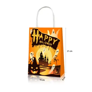 HUANCAI-Bolsas de papel para regalo de calabaza de Halloween, bolsas para regalos de fiesta, bolsa de golosinas para niños con asas para suministros de fiesta