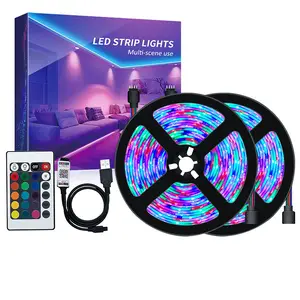 RGB lampu setrip LED USB 30 LED/m 5050 TV, lampu setrip LED IP65 2M lampu fleksibel dengan Remote IR 24 tombol