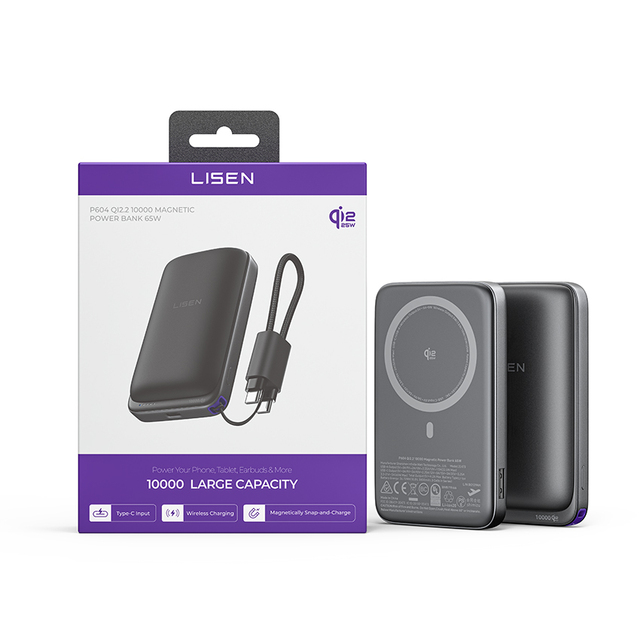 LISEN 2026 Trending 10000mAh Charger 65W Built in Cable Power Bank 25W Qi2.2 Wireless Charging for Pad Multi Device Office Trip