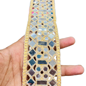 Gold Polyester Embroidery with <b>Mirror</b> Work Handmade Gimp Lace Trim Sequins 25MM Width <b>Star</b> Pattern Vintage Elegant Lace Reel - Product Image 1