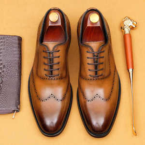 Chaussures habillées pour hommes en cuir véritable, style Oxford, brillantes, à bout pointu, à lacets, couleur unie, pour le travail, toutes saisons, respirantes, semelle extérieure en caoutchouc - Product Image 3