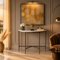 Table console Demilune de luxe en marbre et pieds en métal massif forgés à la main, idéale pour villas et hôtels haut de gamme (vente en gros)