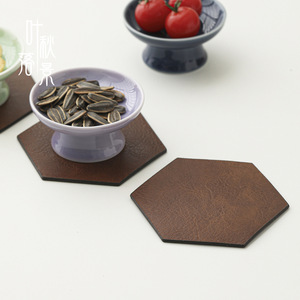 Leather <b>Coaster</b> Hexagon Non Slip New Chinese Style Tea Cup Pad - Product Image 2